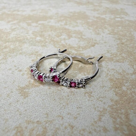 Sterling Silver 925 Pink CZ Hoop Earrings - Picture 5 of 5